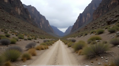 Rocky Peaks and Narrow Trail Under Cloudy Sky