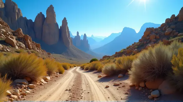 Rocky peaks rise above a textured dirt path with sparse plants under a bright blue sky with sunlight and shadows.