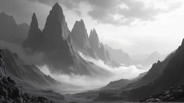 Monochrome view of towering rocky peaks beneath a swirling sky from a rugged ridge with dramatic light and shadows.