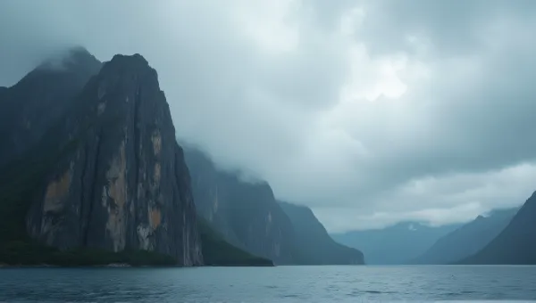 Rocky Promontory With Expansive Lake And Moody Sky