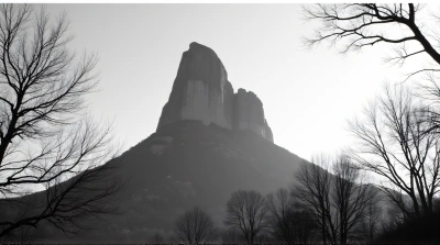 Rocky Summit With Leafless Trees In Black And White