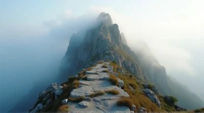 Rocky Summit With Low Lying Vapor And Sparse Vegetation