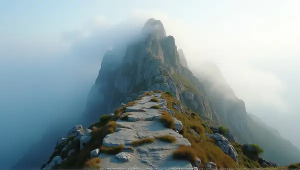 Rocky Summit With Low Lying Vapor And Sparse Vegetation