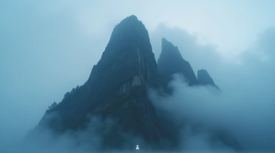 Rocky Summit Shrouded In Mist Under Dim Sky