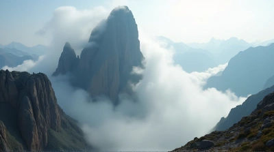 Rocky Summit Surrounded by Low Clouds and Cliffs