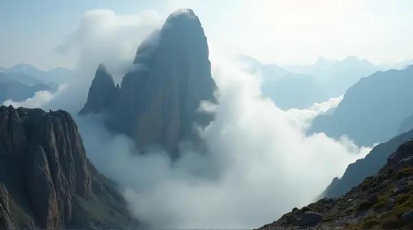 A tall rocky peak covered in low clouds with rugged cliffs and sparse alpine plants under soft daylight.