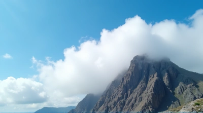 Rocky Summit Surrounded By Soft White Clouds