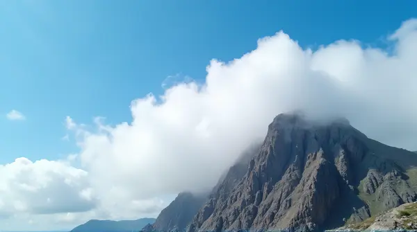 Low-angle view of a rugged rocky summit with fluffy white clouds drifting under a clear blue sky