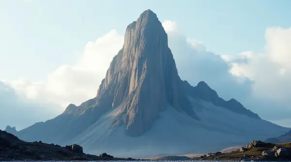 A towering rocky summit illuminated by daylight beneath a pale blue sky with scattered clouds.