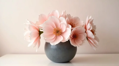 Rose-Colored Blossoms In Slate Vessel Arrangement