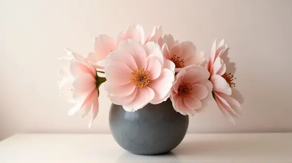 Delicate rose-colored blossoms arranged in a smooth slate vessel with gentle shadows and soft background