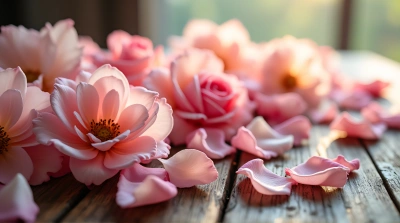 Rose Petals Clustered On Rustic Wooden Table