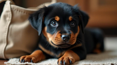 Rottweiler Puppy Close-Up With Canvas Bag
