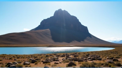 Rugged Brown Peak Near Shimmering Lake Landscape