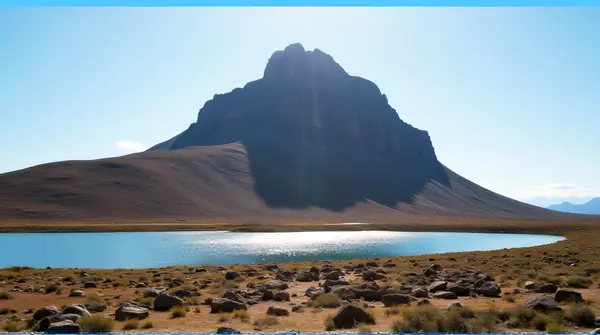 A rugged brown peak stands beside a shimmering lake, framed by sparse plants and scattered boulders under clear skies.