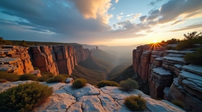 Rugged Cliffs Under Dynamic Sunlit Sky