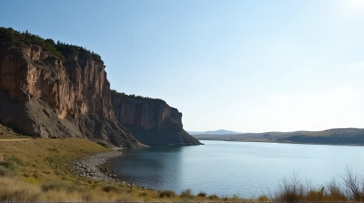 Rugged Cliffside Next To Tranquil Lake With Clear Sky