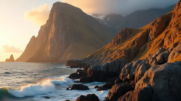 Rugged coastline with large stone formations and a tall cliff illuminated by warm amber light casting long shadows.