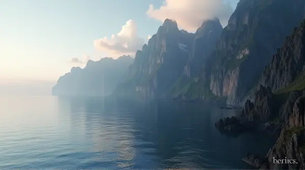 A rugged coastline beside tall peaks under a dimming sky with long shadows and water reflections.