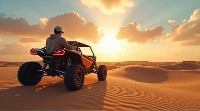 Rugged Dune Buggy With Dramatic Sky And Sand Dunes
