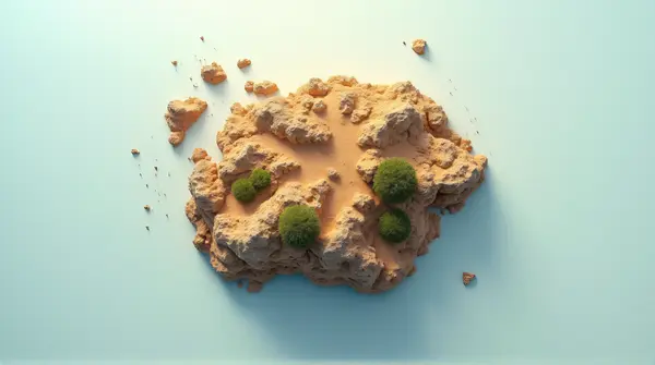 Top-down view of a rugged island with sparse plants under clear sunlight highlighting natural textures