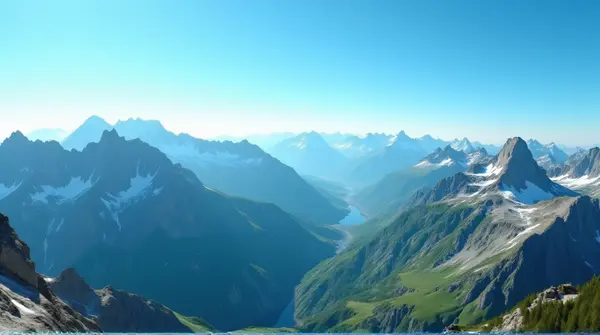 Rugged Green And White Peaks With Bright Sky