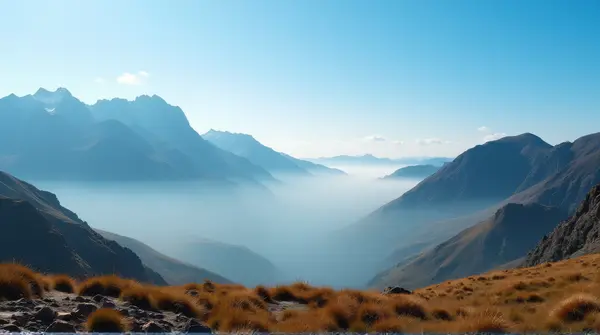 Low angle view of rugged highlands covered in mist under a bright blue sky during the day.