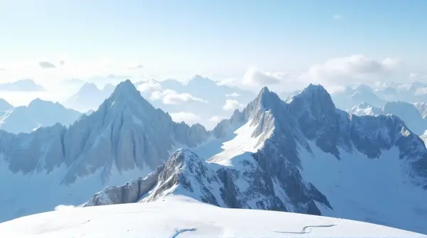 Panoramic view of jagged, ice-covered summits with cliffs stretching across the horizon under a bright sky