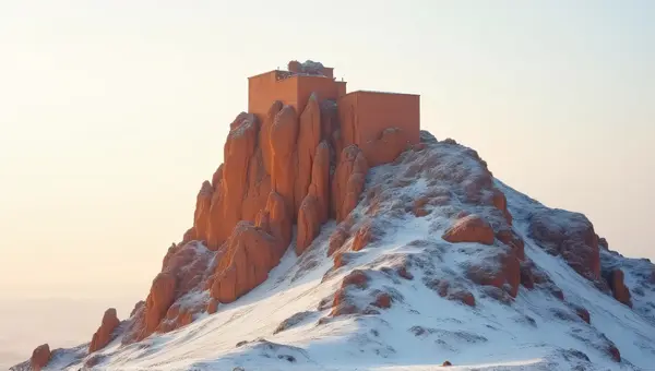 Rugged Ochre Cabin On Frosted Summit In Soft Light