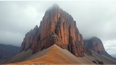 Rugged Ochre Mountain Peak Under Cloudy Sky