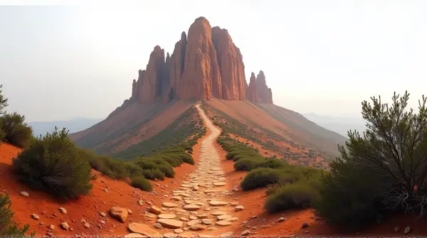 Ochre-colored peak with a rocky trail winding through sparse foliage beneath a pale overcast sky.