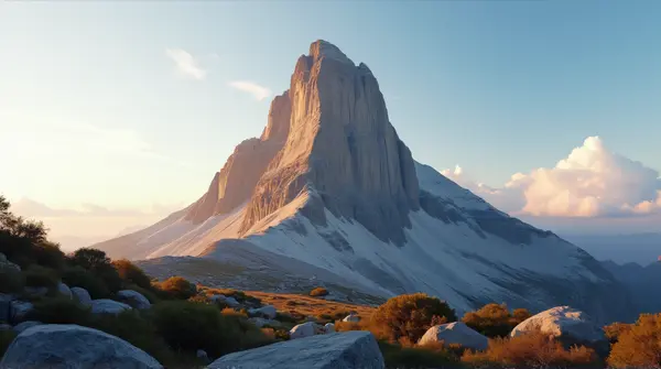 A rugged peak illuminated by soft amber light under a clear sky with wispy clouds and rocky foreground with shrubs.
