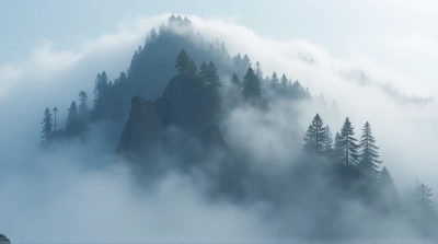 Rugged Peak Covered In Low Clouds And Tall Pines