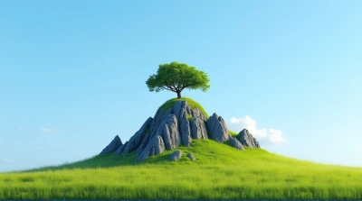 Rugged Peak With Oak Tree And Green Meadow