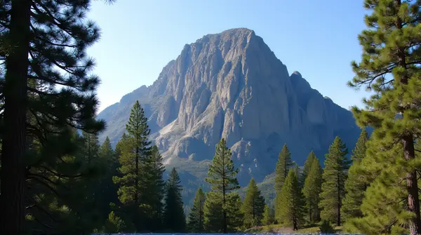 Rugged Peak With Tall Conifers And Clear Sky