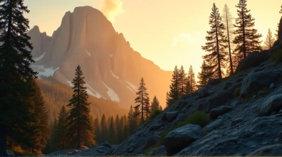Rugged Peaks Above Dense Woodland With Warm Amber Hues