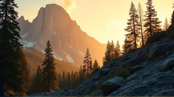 Low-angle view of rugged peaks towering over dense woodland with warm amber tones and elongated shadows