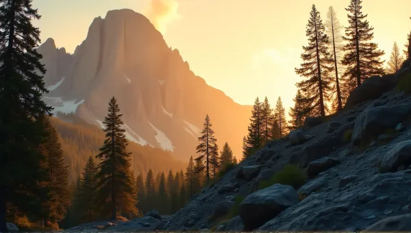 Rugged Peaks Above Dense Woodland With Warm Amber Hues