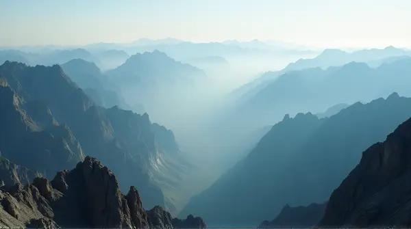 Vast rugged peaks covered in soft haze and diffused light seen from a high viewpoint