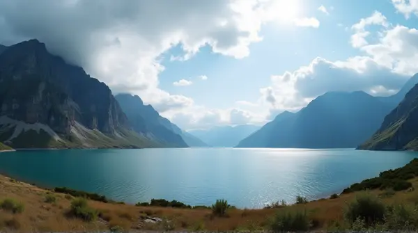 Wide-angle view of rugged peaks rising above a shimmering freshwater body with scattered clouds and sparse vegetation
