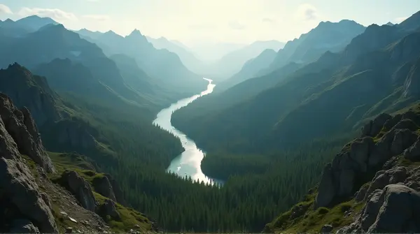 Rugged Ridges And Towering Trees With Rivers