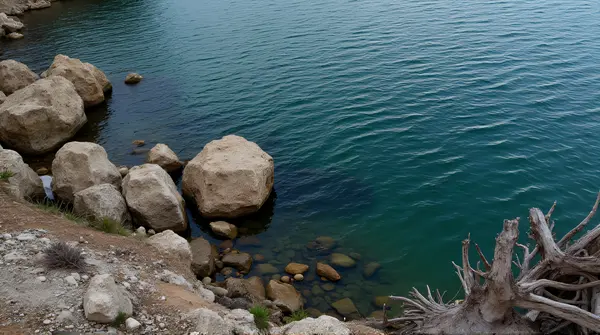 High-angle view of rugged rocks by a gently rippling lake with scattered driftwood and sparse plants