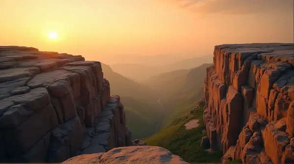 Rugged rocky outcrop with uneven cliffs under a warm amber sky casting elongated shadows