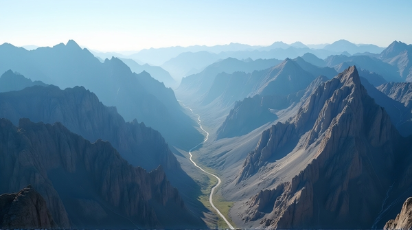 Overhead shot of layered rugged peaks with sharp ridges and deep crevices illuminated by sunlight.