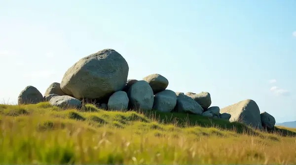 Rugged stones arranged on a vibrant grassy slope under a clear sky from a low angle