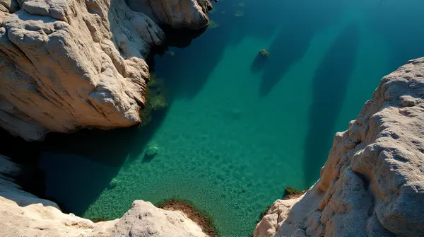 Rugged Stone Formations Near Quiet Lake Surface