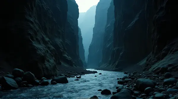 Low-angle view of a rugged stone gorge with towering cliffs and a narrow riverbed lit by cool dim light