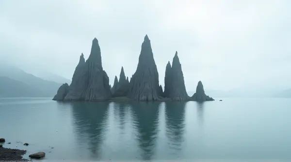 Low-angle view of rugged stone pillars rising beside a still lake under a cloudy sky.