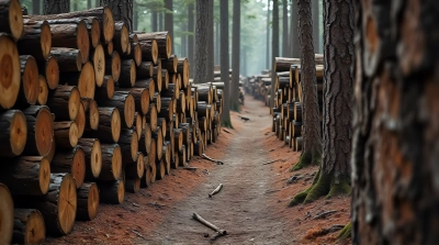 Rugged Trail With Stacked Logs And Tall Trunks