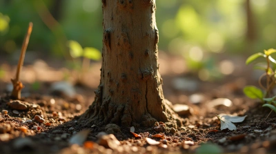 Rugged Wooden Stem Emerging From Crumbly Earth
